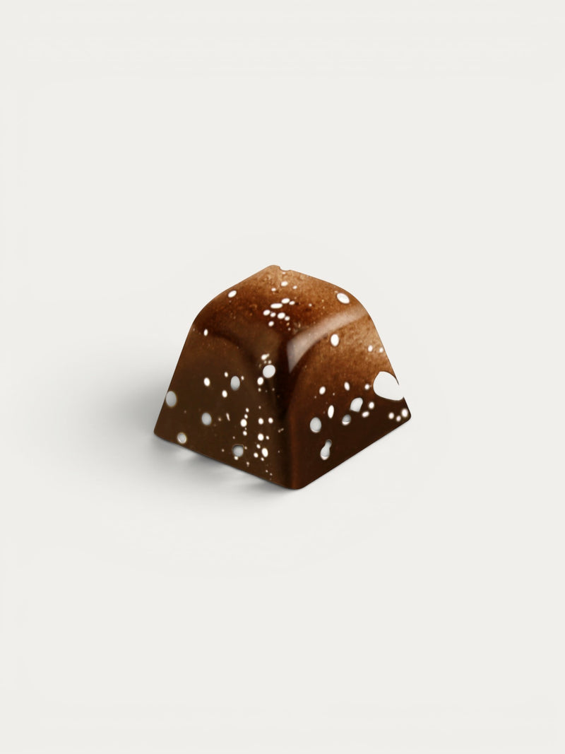 Norman Love Confections Café Latte chocolate with rich coffee and cream filling, dark chocolate shell with white speckles.