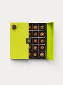 Norman Love Confections chocolate truffle gift box with 16 assorted chocolates in a lime green box.