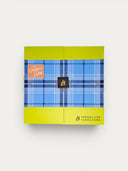 Norman Love Confections 50-piece Father's Day chocolate gift box in green with a blue plaid sleeve.