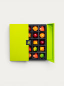 Norman Love Confections Fruit Favorites Gift Box with assorted fruit-flavored chocolates in a bright green box.
