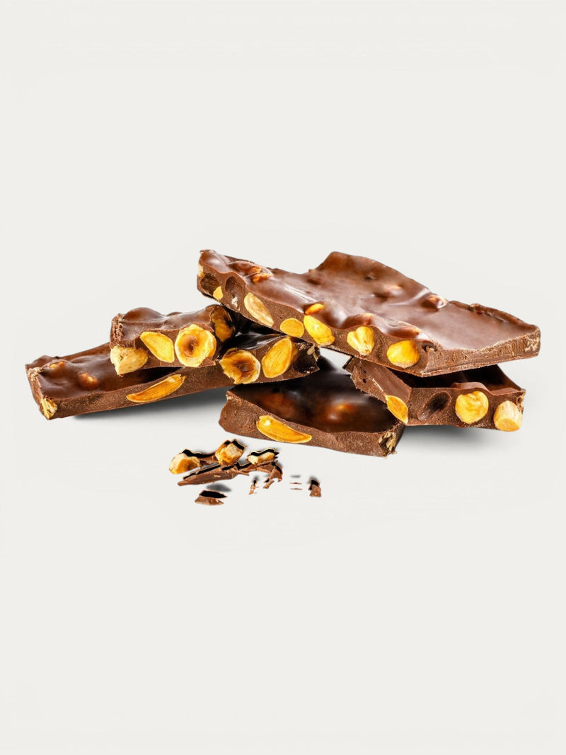 Norman Love Confections milk chocolate almond bark with whole roasted almonds and hazelnut pieces.