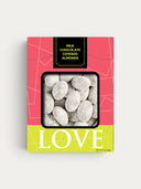 Norman Love Confections milk chocolate candied almonds dusted with powdered sugar.