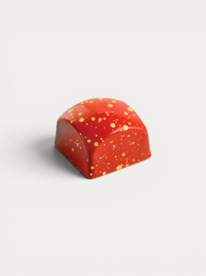 Norman Love Confections Raspberry Caramel chocolate, red with yellow speckles, dark chocolate enrobed