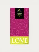 Norman Love Confections Raspberry Crunch Inclusion Bar with dark chocolate, raspberries, and crunchy pearls.