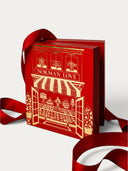 Norman Love Confections red advent calendar with gold chocolate shop illustration and festive satin ribbon