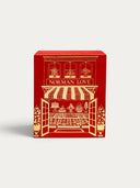 Norman Love Confections red and gold advent calendar featuring a festive chocolate salon shop illustration