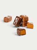 Norman Love Confections vanilla sea salt caramels, featuring milk and dark chocolate with a soft caramel filling and sea salt flakes.